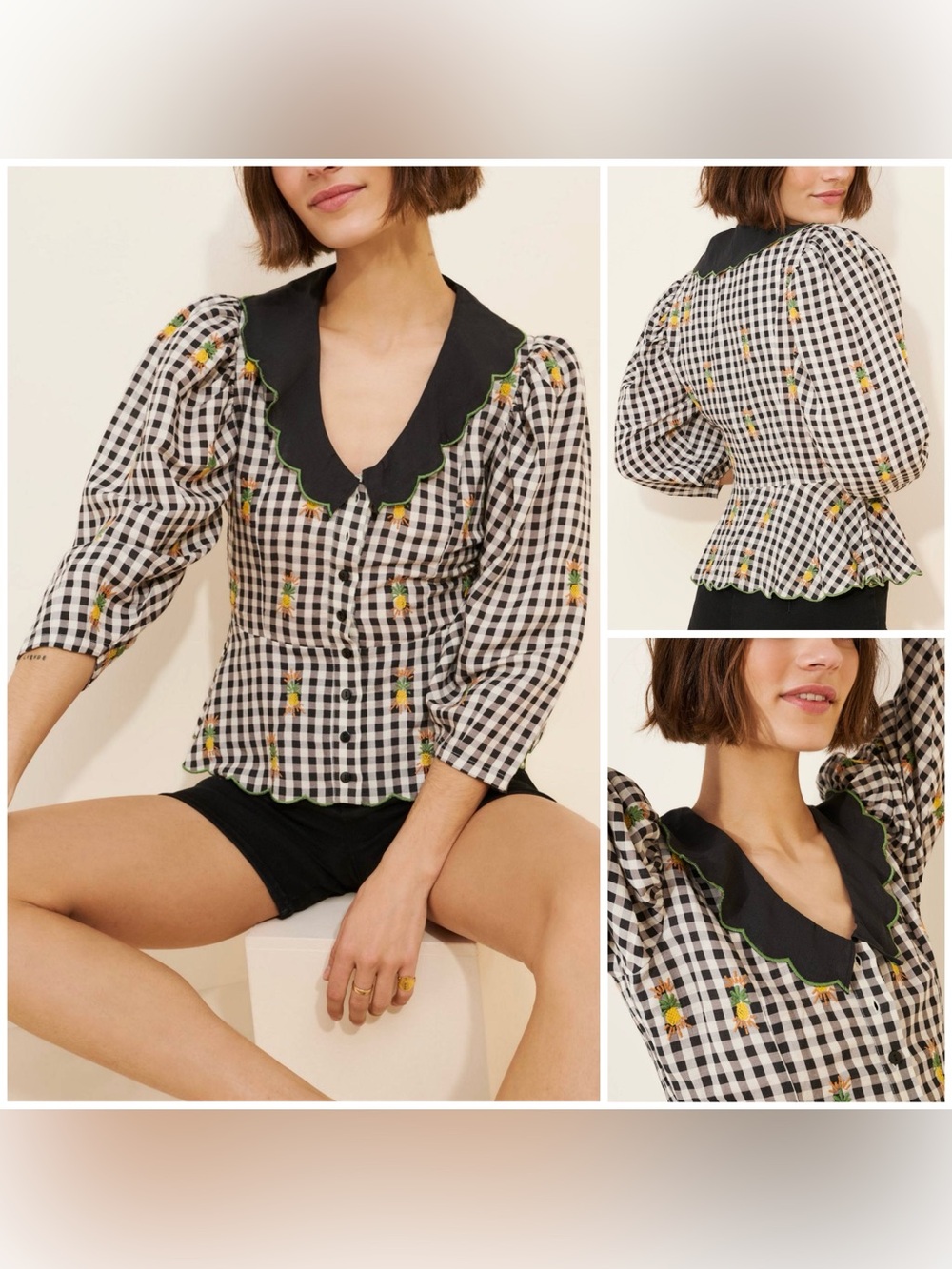 FARM Rio Linen Blend Gingham Embroidered Top - black - Large
